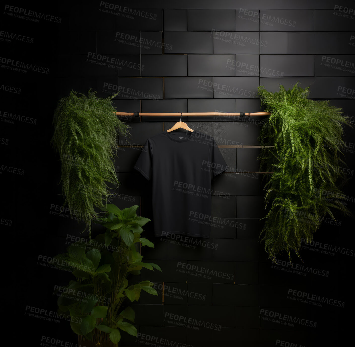 Buy stock photo Black t-shirt mockup with copyspace on dark background on hanger, front view