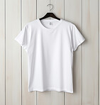 White t-shirt mockup with copyspace on dark background on hanger, front view