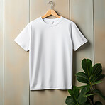 White t-shirt mockup with copyspace on dark background with plant on hanger, front view