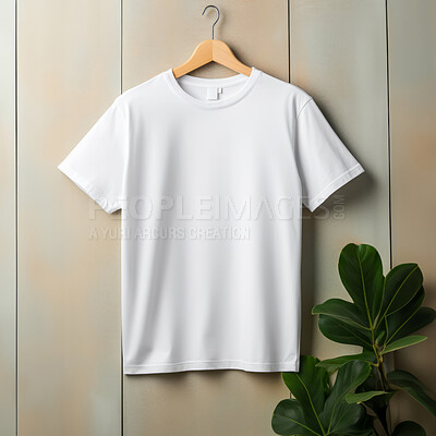 Buy stock photo White t-shirt mockup with copyspace on dark background on hanger, front view