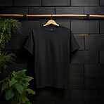 Black t-shirt mockup with copyspace on dark background with plants on hanger, front view