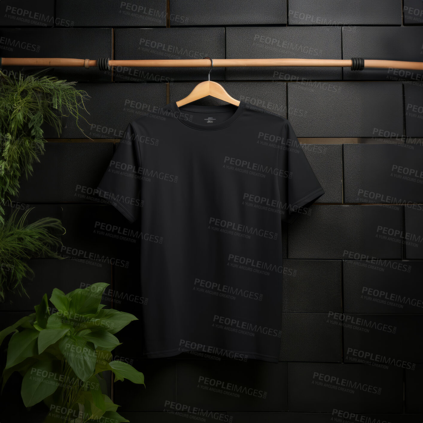 Buy stock photo Black t-shirt mockup with copyspace on dark background with plants on hanger, front view