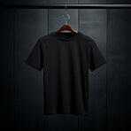 Black t-shirt mockup with copyspace on dark background on hanger, front view