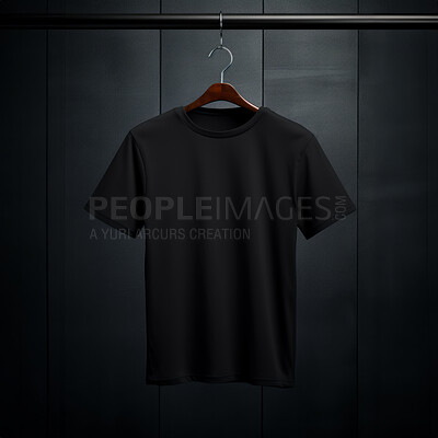 Black t-shirt mockup with copyspace on dark background on hanger, front view