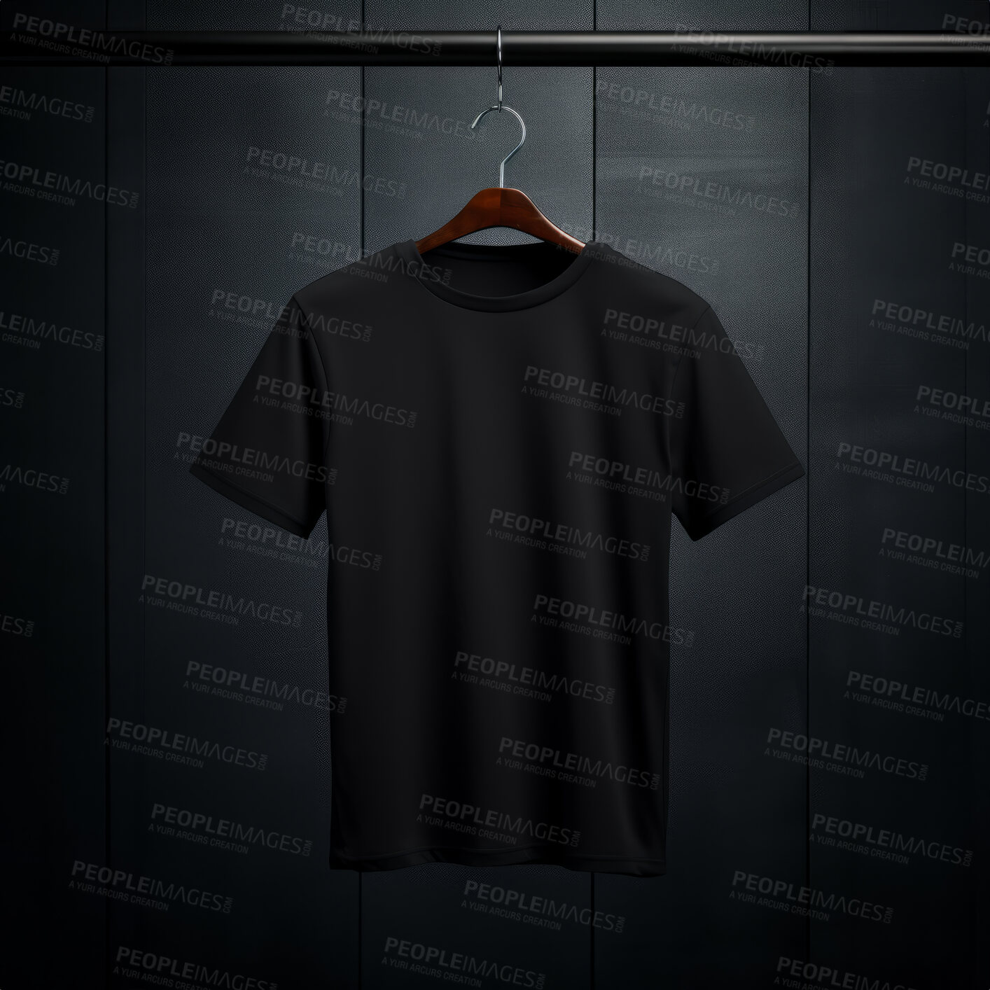 Buy stock photo Black t-shirt mockup with copyspace on dark background on hanger, front view