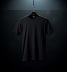 Black t-shirt mockup with copyspace on dark background on hanger, front view