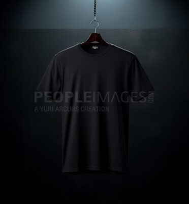 Black t-shirt mockup with copyspace on dark background on hanger, front view