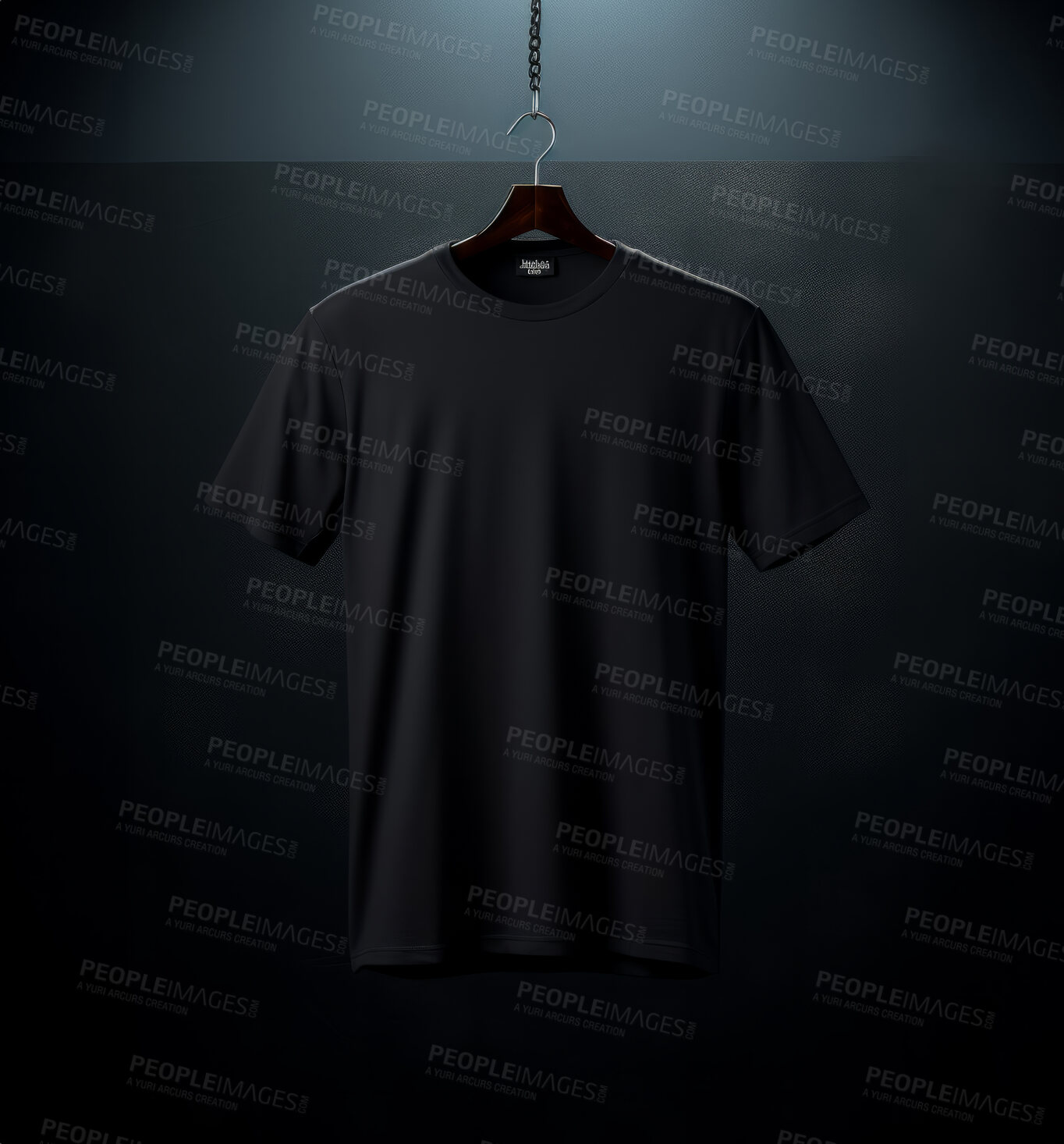 Buy stock photo Black t-shirt mockup with copyspace on dark background on hanger, front view