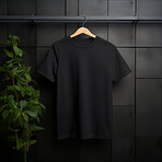 Black t-shirt mockup with copyspace on dark background with plants on hanger, front view