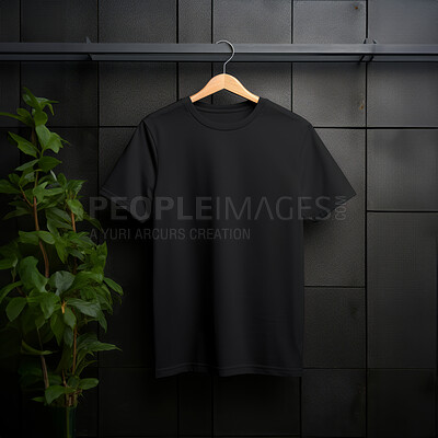 Buy stock photo Black t-shirt mockup with copyspace on dark background with plants on hanger, front view