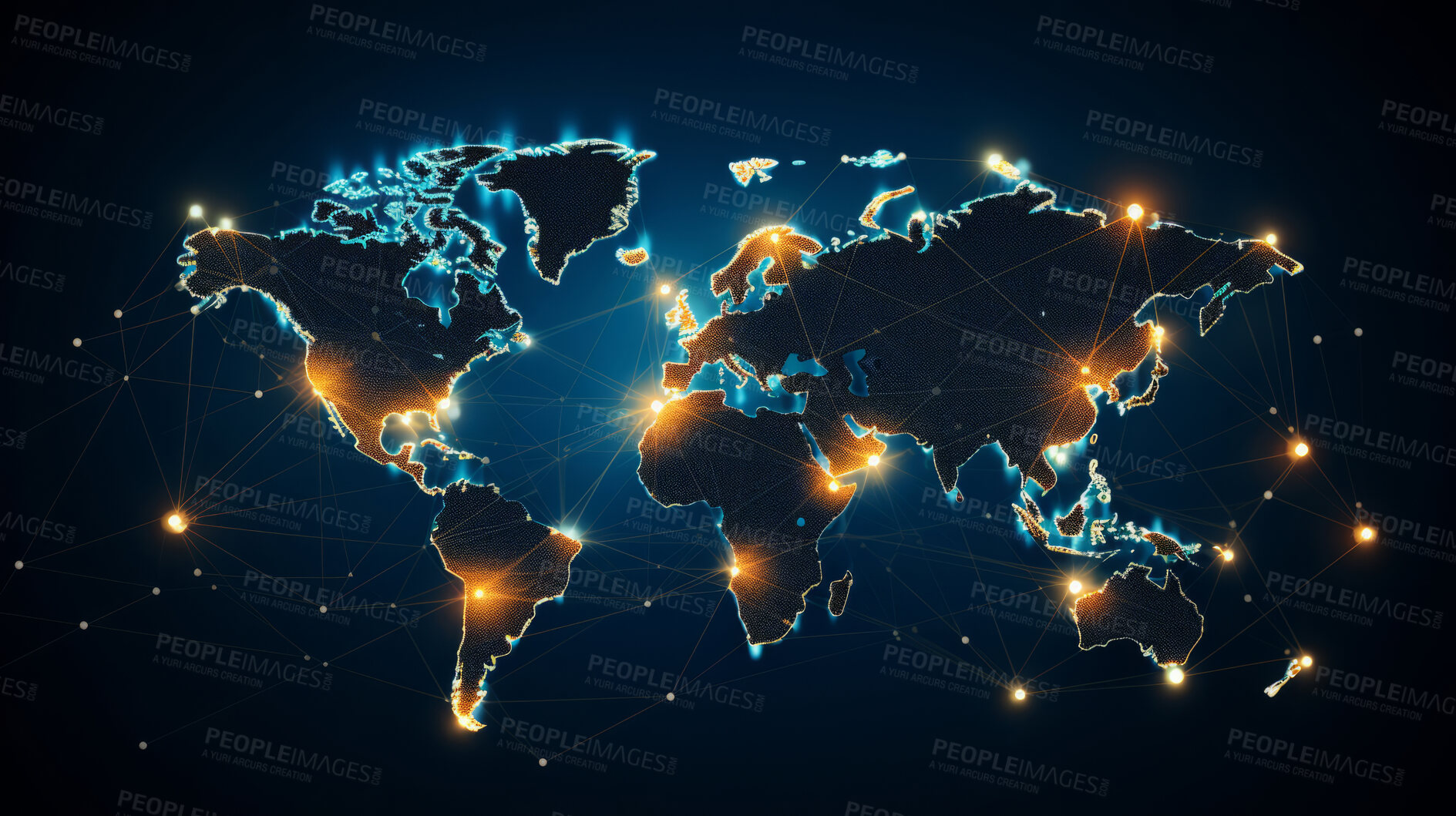 Buy stock photo Global social network future world map on dark copyspace background. Internet communication technology concept