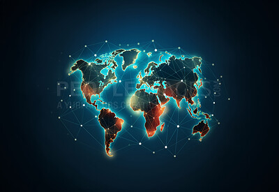 Global social network future world map on dark copyspace background. Internet communication technology concept