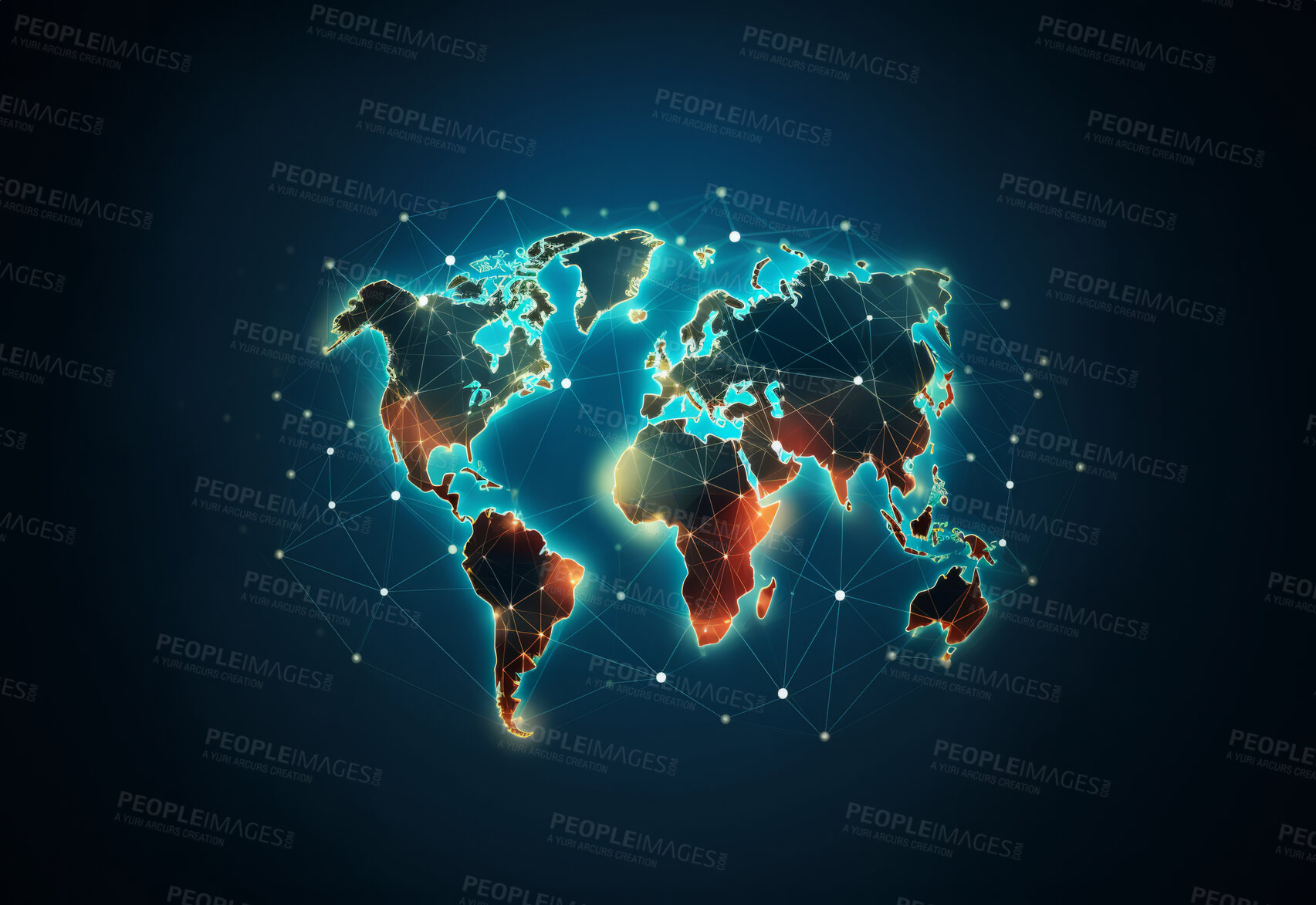 Buy stock photo Global social network future world map on dark copyspace background. Internet communication technology concept