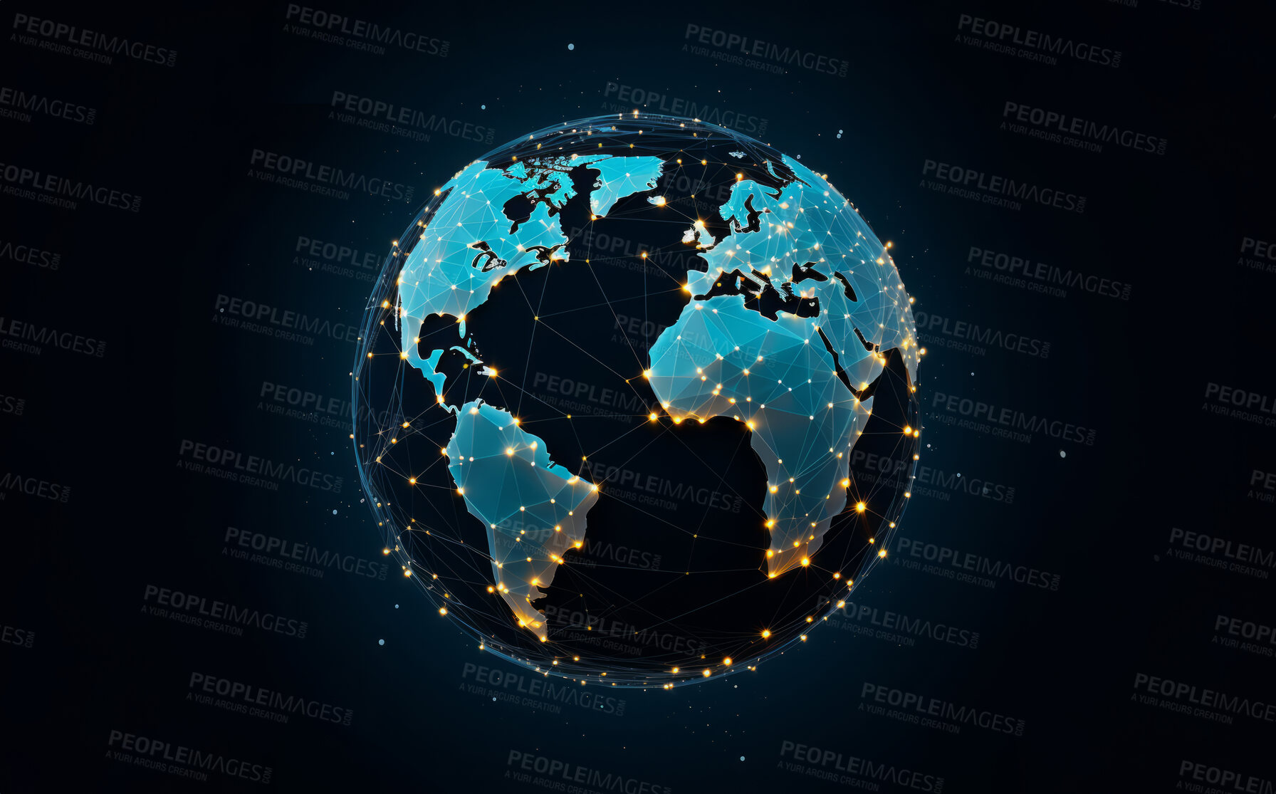 Buy stock photo Global social network future world map on dark copyspace background. Internet communication technology concept