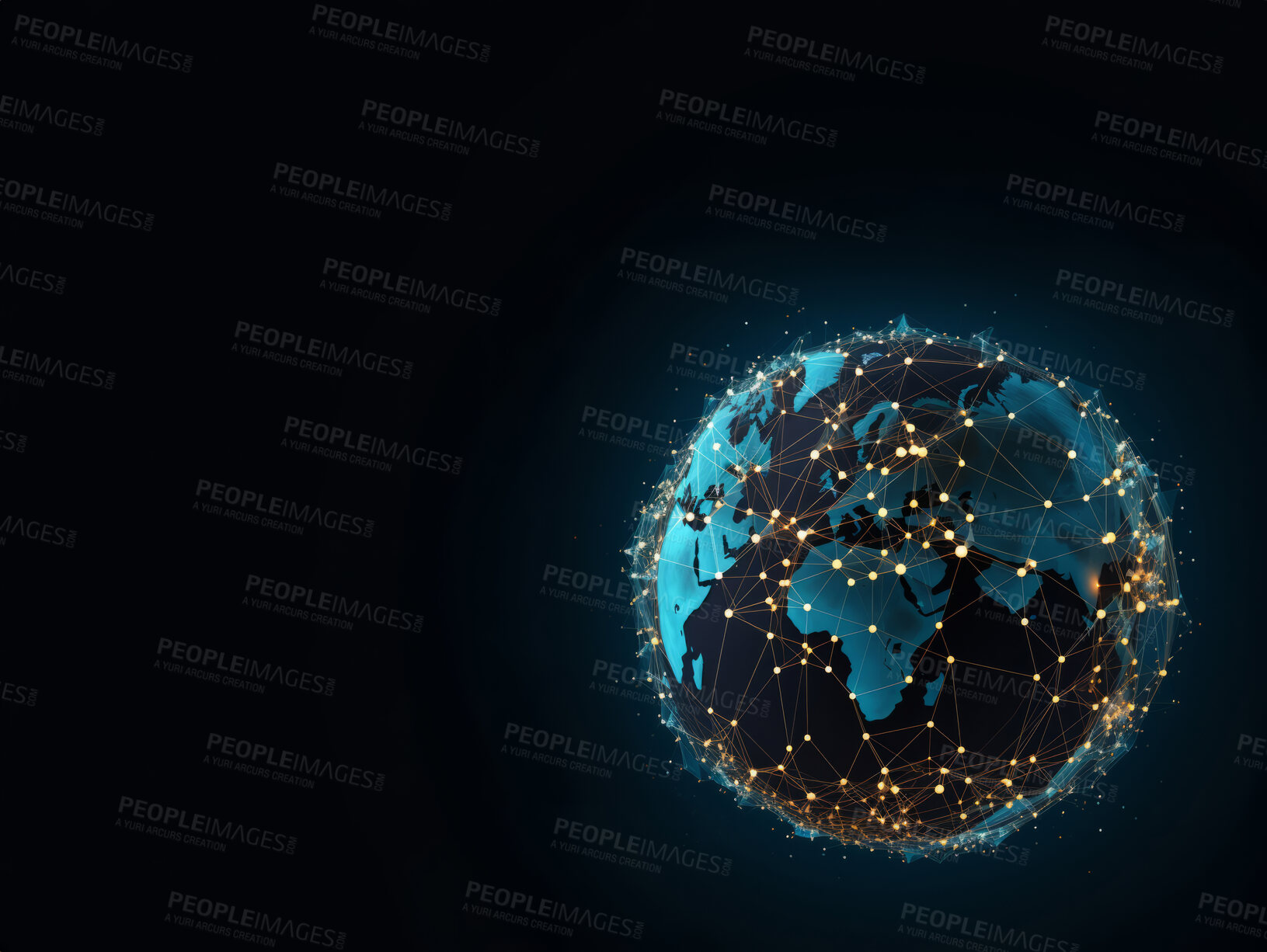 Buy stock photo Global social network future world map on dark copyspace background. Internet communication technology concept