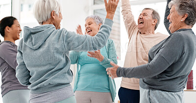 Fitness, hands together and senior people for exercise support, celebration and teamwork in workout class. Exercise, training goal and group of elderly man and women with high five for health success