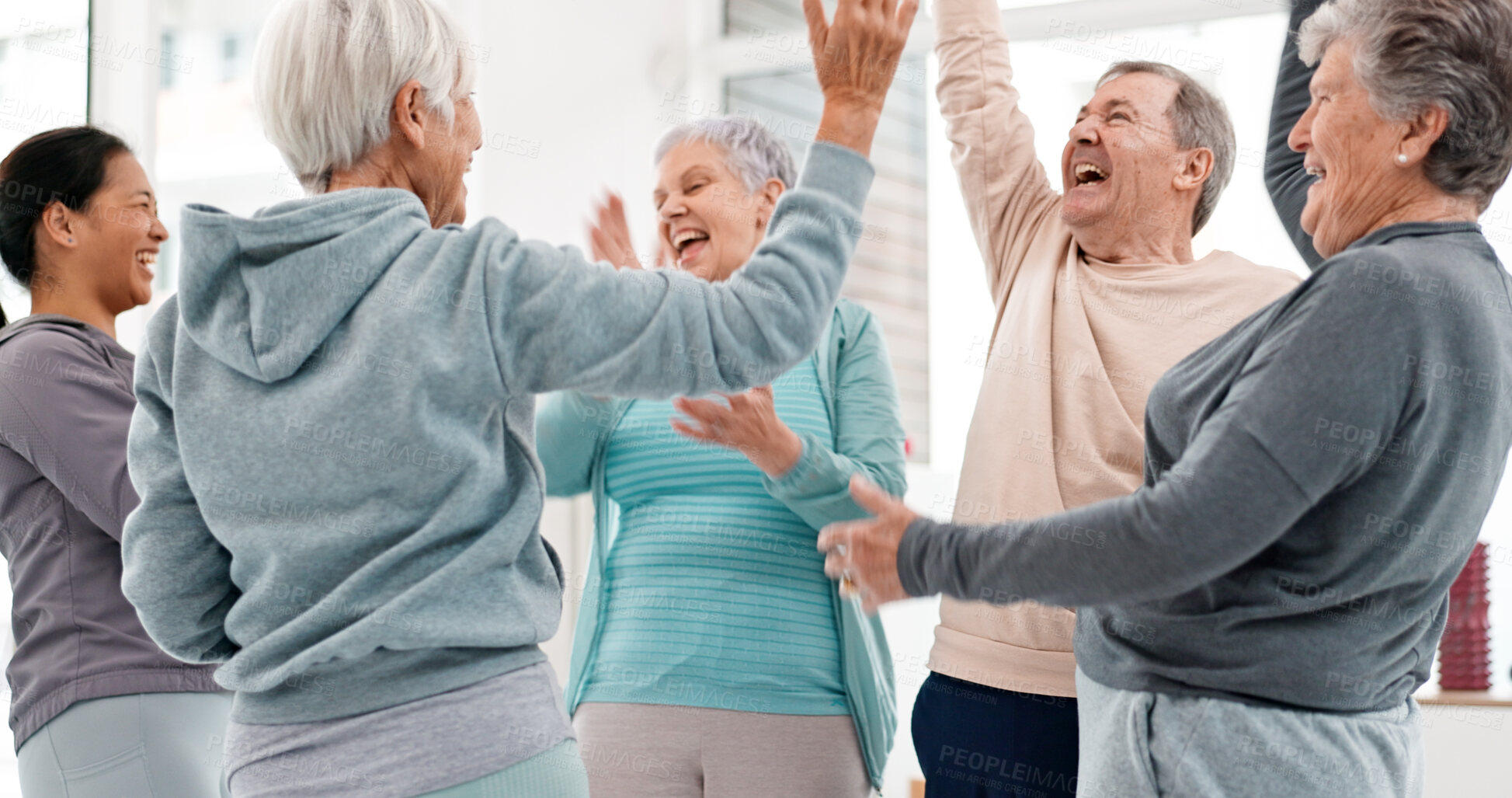 Buy stock photo Fitness, hands together and senior people for exercise support, celebration and teamwork in workout class. Exercise, training goal and group of elderly man and women with high five for health success