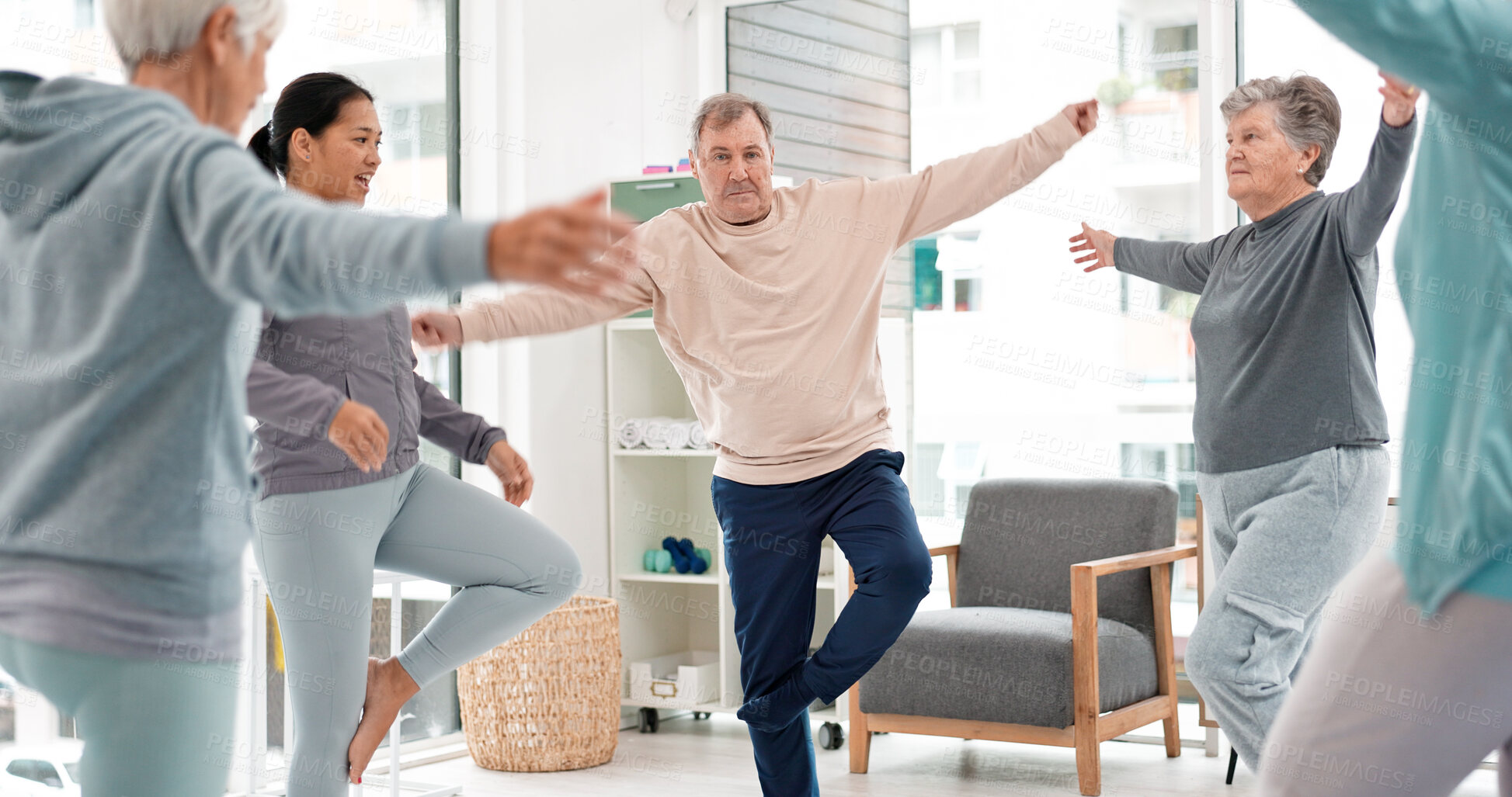 Buy stock photo Old people in yoga class, fitness and stretching with happiness, wellness and retirement. Health, exercise and warm up, women and workout with elderly care and zen, mindfulness and vitality in gym