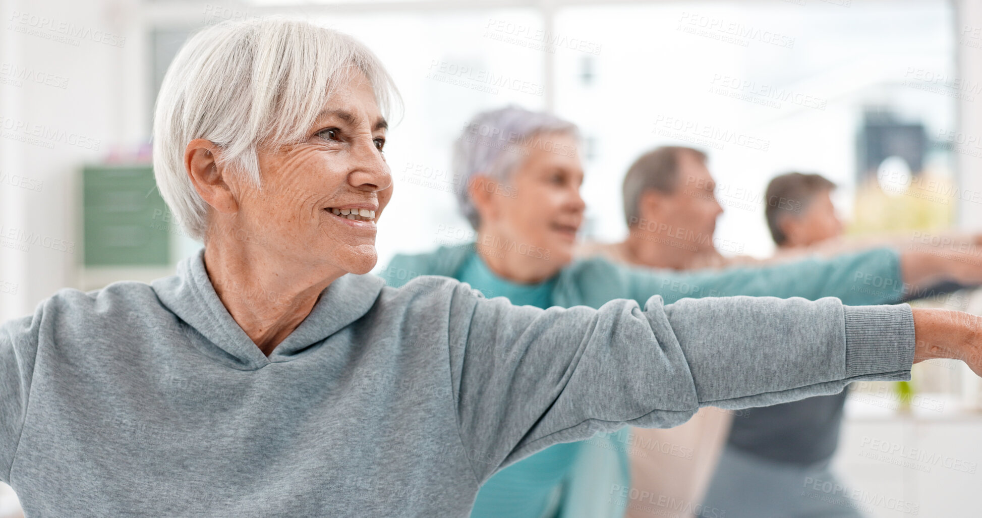 Buy stock photo Old people in yoga class, fitness and stretching with happiness, wellness and retirement. Health, exercise and warm up, women and workout with elderly care and zen, mindfulness and vitality in gym