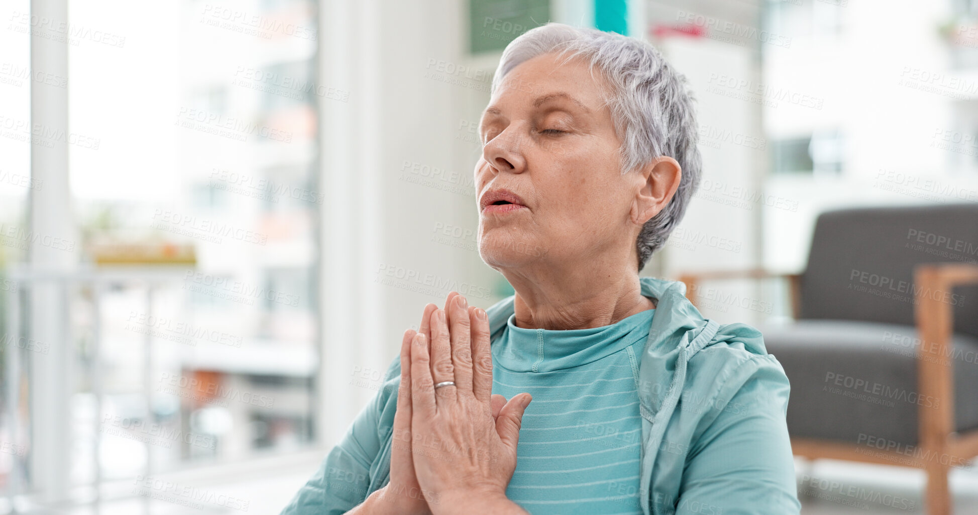 Buy stock photo Yoga, namaste meditation and woman breathing for mindfulness, senior exercise or healing at home. Face of healthy old lady, breathe and meditate with prayer hands for zen, wellness and focus on peace