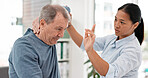 Man, patient and physiotherapist stretching arm, muscle and healthcare of rehabilitation, consulting or helping. Woman, physiotherapy and senior support for shoulder pain, arthritis or medical advice