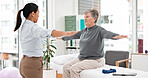 Physical therapy, senior patient and chiropractor, stretching and motion with exercise and progress in consultation. Help, support and women at clinic, elderly care and fitness with health and physio