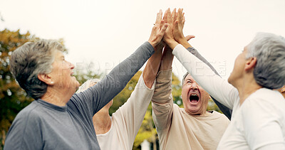 High five, support and a group of senior friends together in a park for motivation, success or celebration. Team building, partnership and community with elderly people bonding outdoor in a garden
