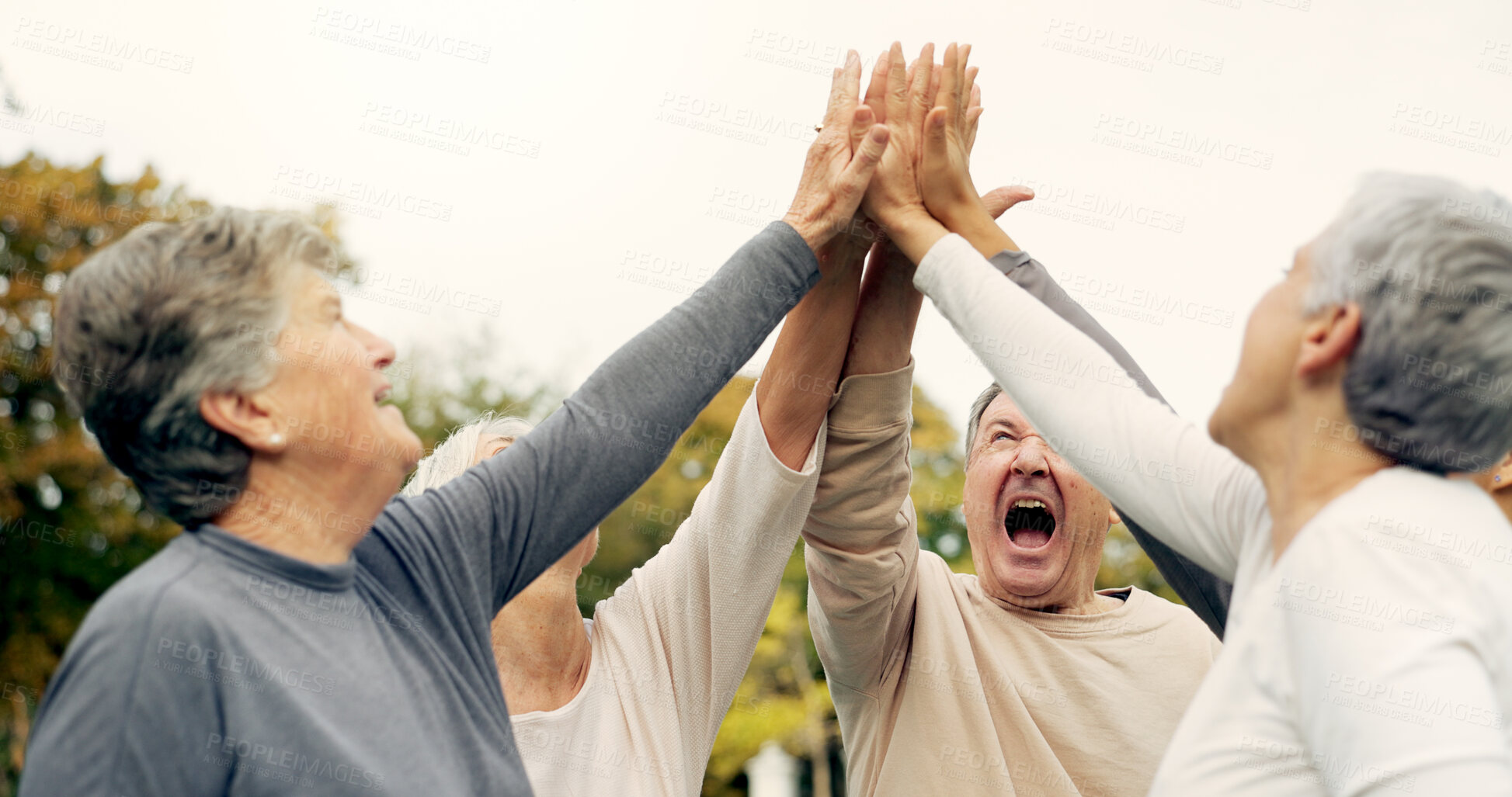 Buy stock photo High five, support and a group of senior friends together in a park for motivation, success or celebration. Team building, partnership and community with elderly people bonding outdoor in a garden