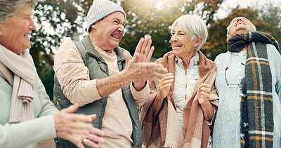 Buy stock photo Excited, singing and senior people in nature for camping, happiness and bonding together. Smile, dance and face portrait of elderly friends, man and women having fun with a celebration in a park