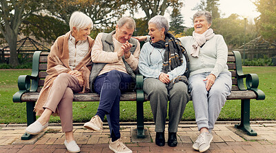 Buy stock photo Conversation, bonding and senior friends in a park sitting on bench for fresh air together. Happy, smile and group of elderly people in retirement in discussion or talking in an outdoor green garden.