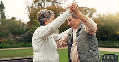 Love, dance and retirement with old couple in park for marriage, support and romance. Relax, happiness and music with senior man and woman dancing in nature for happy, holding hands or date together