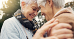 Love, connection and senior women being affection for romance and bonding on an outdoor date. Nature, commitment and elderly female couple in retirement with intimate moment in a green garden or park