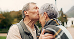 Kiss, forehead and senior couple in a park with love, happy and conversation with romantic bonding. Kissing, old people and elderly man embrace woman with care, romance or soulmate connection outdoor