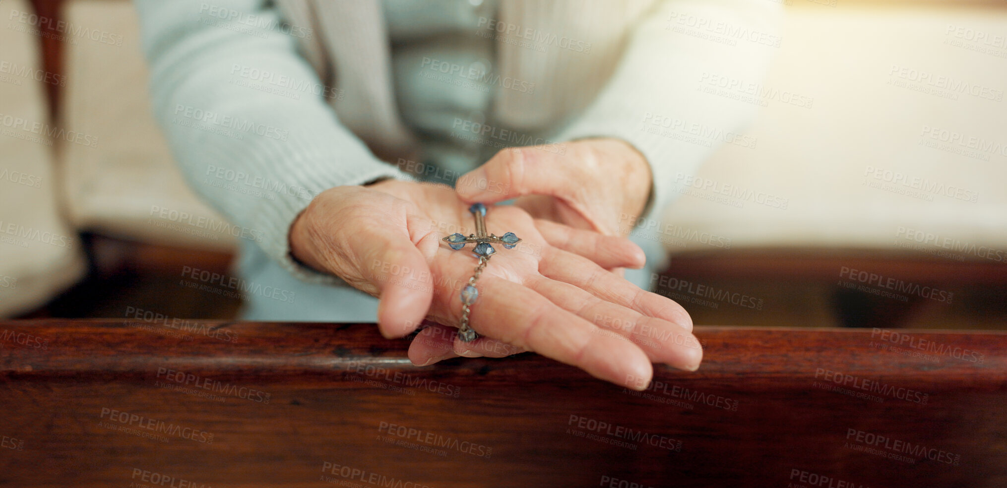 Buy stock photo Rosary, prayer or hands of woman in church for God, holy spirit or religion with faith in Christian cathedral. Jewelry closeup, spiritual lady or person in chapel praying to praise Jesus Christ alone