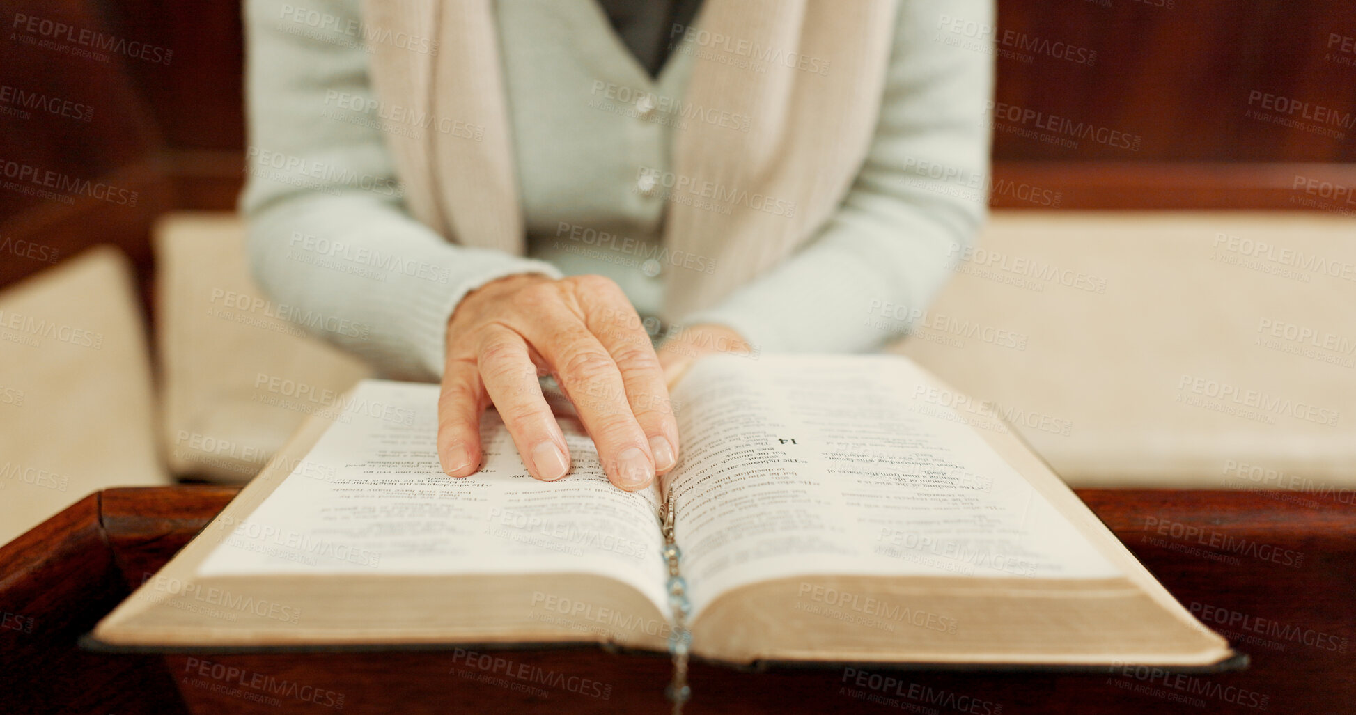 Buy stock photo Studying, bible or hands of woman in church ready to worship God, holy spirit or religion in Christian cathedral. Faith closeup, learning or lady reading book in chapel praying to praise Jesus Christ