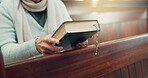 Rosary, bible or hands of woman in church for God, holy spirit or religion with faith in Christian cathedral. Jewelry closeup, spiritual lady or person in chapel praying to praise Jesus Christ alone