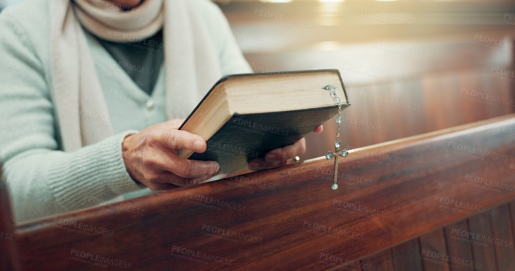 Buy stock photo Rosary, bible or hands of woman in church for God, holy spirit or religion with faith in Christian cathedral. Jewelry closeup, spiritual lady or person in chapel praying to praise Jesus Christ alone