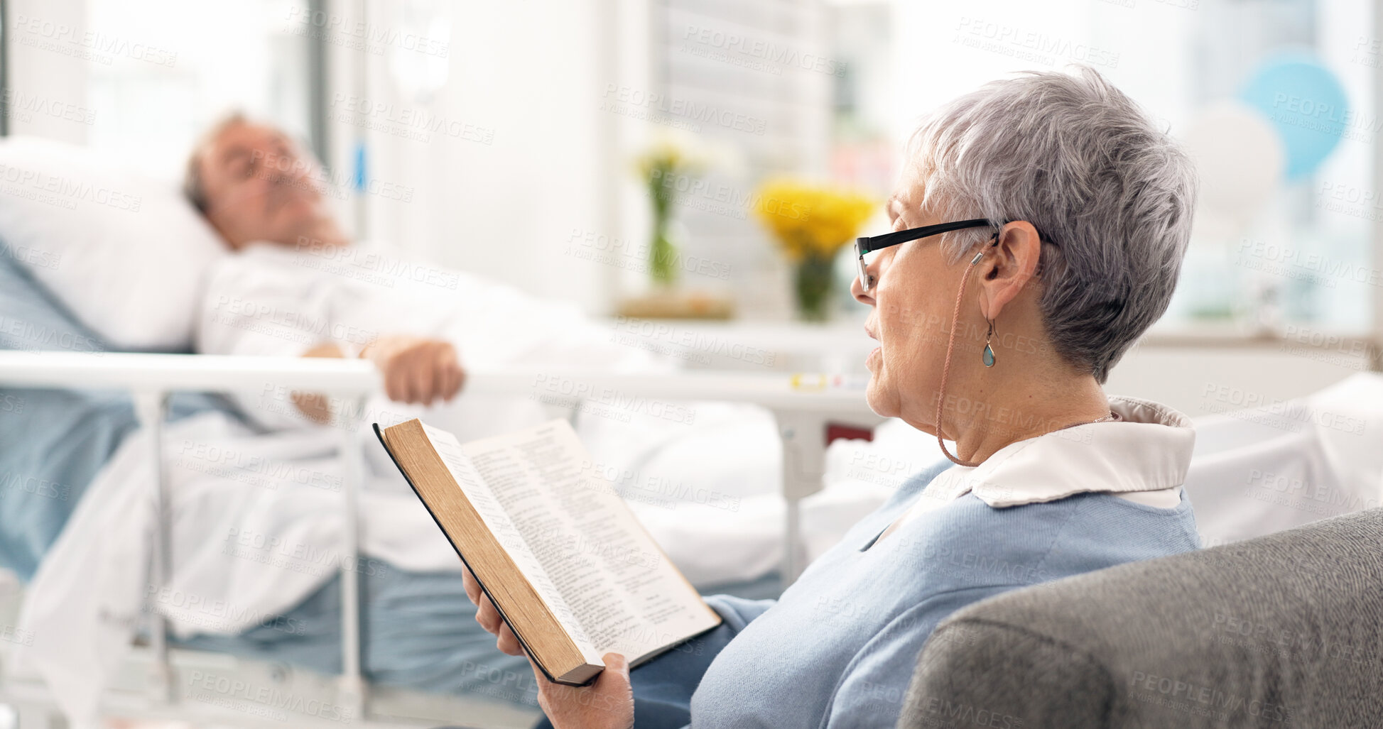 Buy stock photo Healthcare, an old woman reading the bible to her husband during a visit and a couple in the hospital. Medical, retirement or religion with a senior wife and man patient at a clinic for faith in god