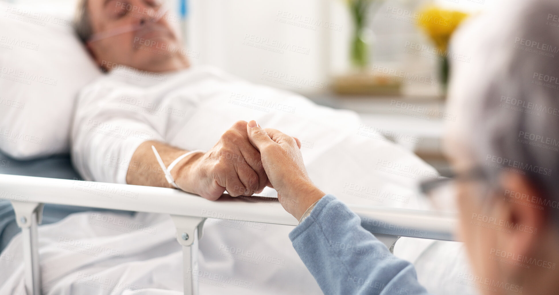 Buy stock photo Hospital, bedroom and senior couple holding hands, empathy and support husband recovery, healthcare problem or rehabilitation. Retirement, comfort or elderly woman care for sick cancer patient in bed