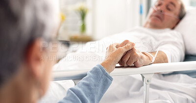 Hospital bed, love and senior couple holding hands, trust and support sick partner, husband or man with healthcare problem. Bedroom, marriage kindness and elderly woman care for mental health patient