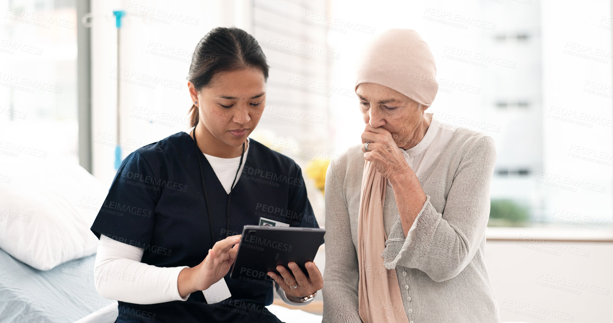 Buy stock photo Tablet, nurse and woman with cancer patient, elderly and hospital consultation for wellness. Tech, happy and medical professional with sick senior person coughing for advice, healthcare or support