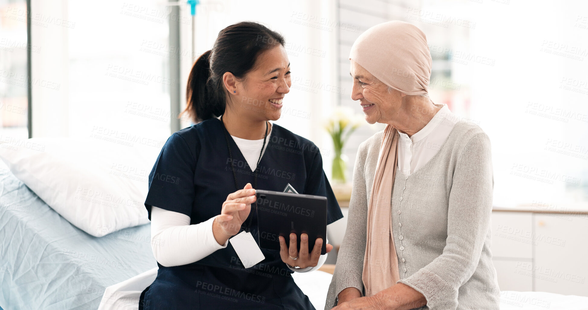 Buy stock photo Tablet, nurse and woman with cancer patient in hospital, consultation and wellness. Technology, happy and medical professional with sick senior person for advice, healthcare and support in clinic