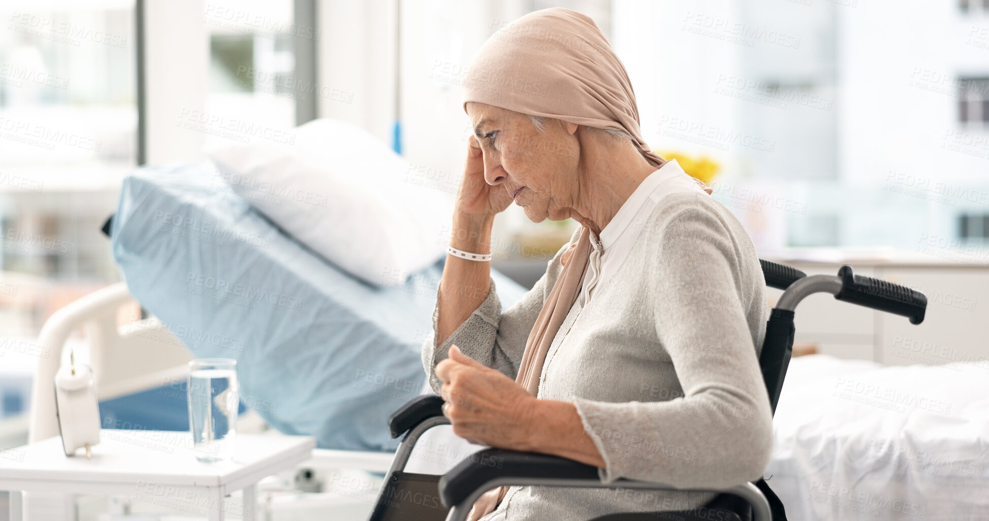 Buy stock photo Cancer, Parkinson and angry elderly woman at hospital in wheelchair frustrated after chemotherapy or treatment. Health, elderly care and lady patient with disability, sick or disease and depression