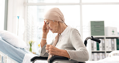 Depression, cancer and angry elderly woman at hospital in wheelchair frustrated after chemotherapy or treatment. Health, elderly care and lady patient with disability, sick or disease and Parkinson