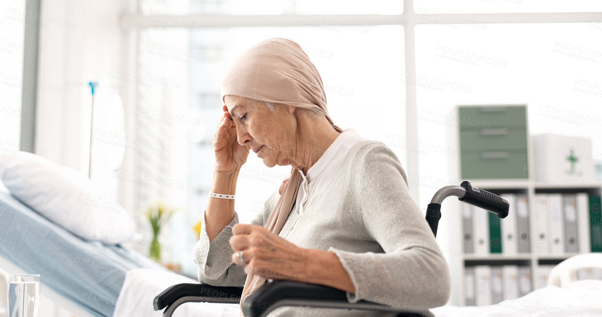 Buy stock photo Cancer, Parkinson and elderly woman at hospital in wheelchair with water Depression, cancer and angry elderly woman at hospital in wheelchair frustrated after chemotherapy or treatment. Health, elderly care and lady patient with disability, sick or disease and Parkinson Health, elderly care and female patient with disability, sickness or disease and depression