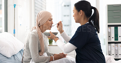 Buy stock photo Cancer, nurse and help with old woman in hospital for food, medical and support. Healthcare, medicine and rehabilitation with senior patient and caregiver in clinic for nursing, empathy and oncology