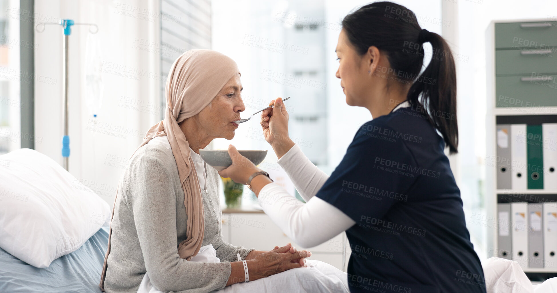 Buy stock photo Cancer, nurse and help with old woman in hospital for food, medical and support. Healthcare, medicine and rehabilitation with senior patient and caregiver in clinic for nursing, empathy and oncology