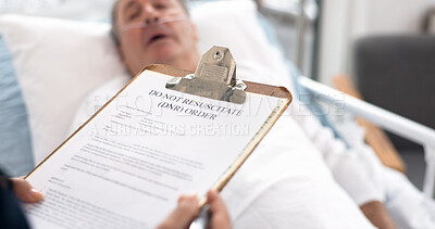 Hospital, patient and doctor with dnr form on clipboard for medical service, sick and do not resuscitate. Healthcare, cancer and health worker with application for senior man for insurance in clinic