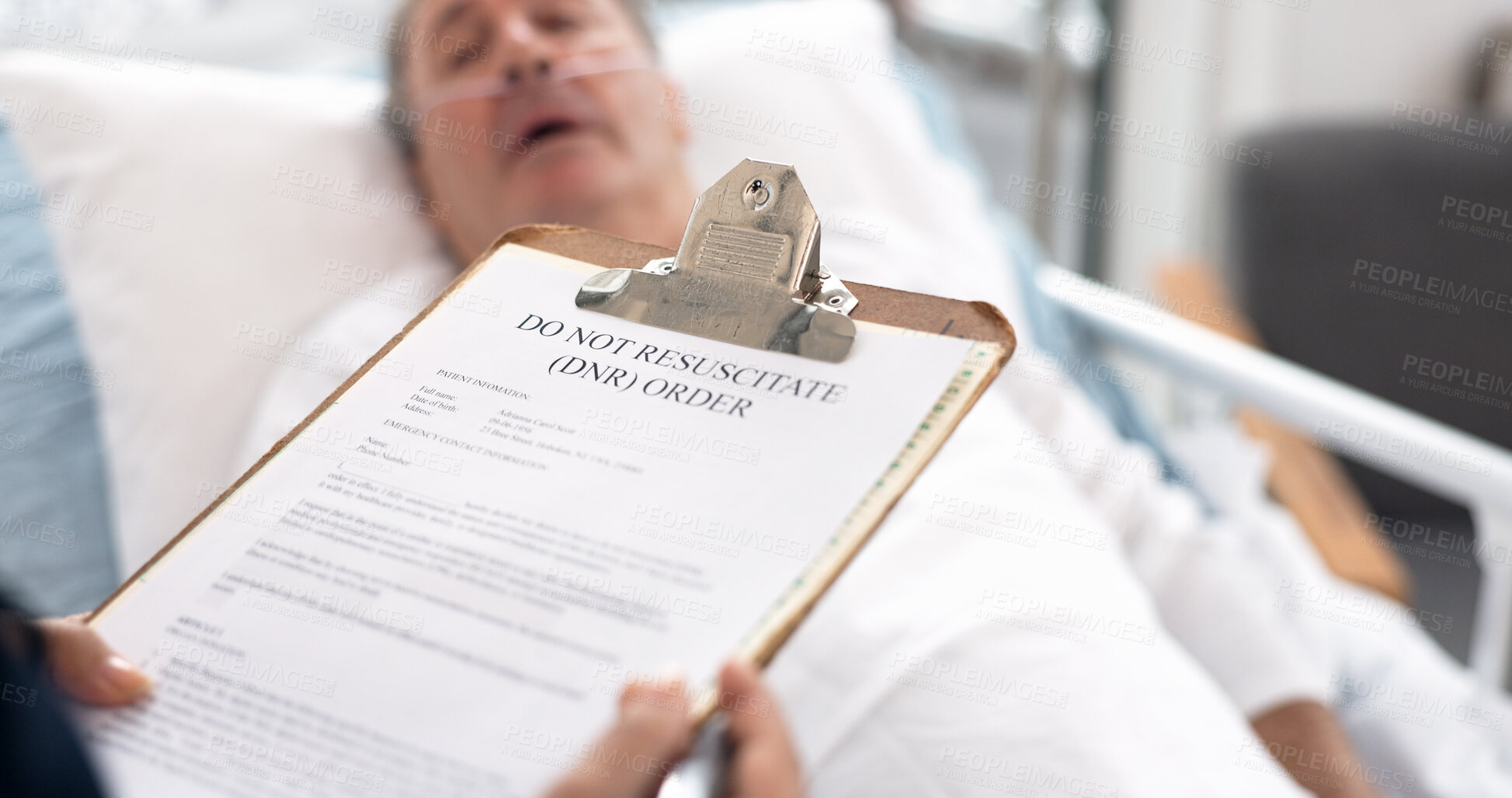 Buy stock photo Hospital, patient and doctor with dnr form on clipboard for medical service, sick and do not resuscitate. Healthcare, cancer and health worker with application for senior man for insurance in clinic