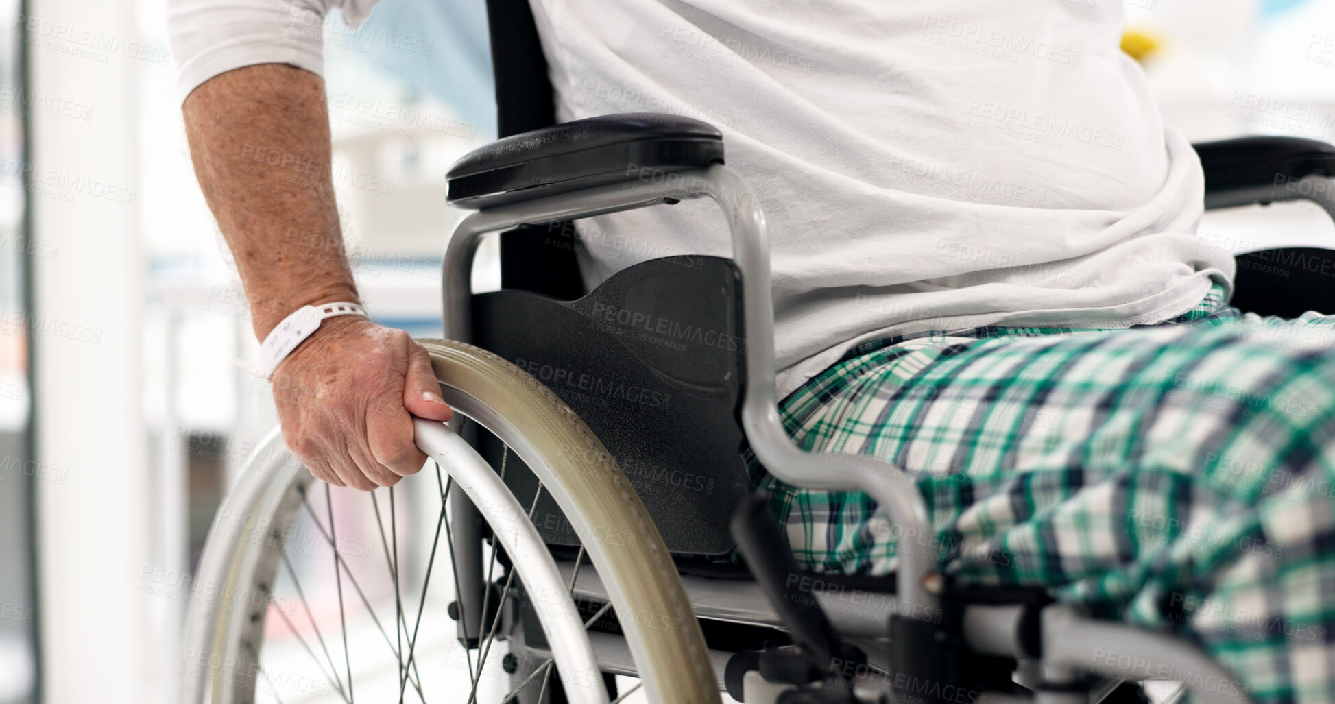 Buy stock photo Wheelchair, sick and closeup of a patient in the hospital after a diagnosis, treatment or surgery. Healthcare, medical and zoom of a senior man with a disability in medicare or rehabilitation clinic.